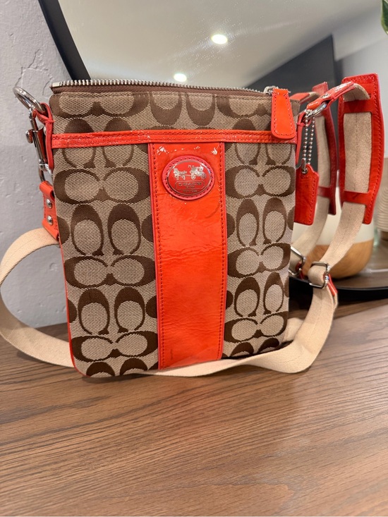 Coach Handbags - Coach Signature Crossbody with Brown Canvas and Orange Trim
